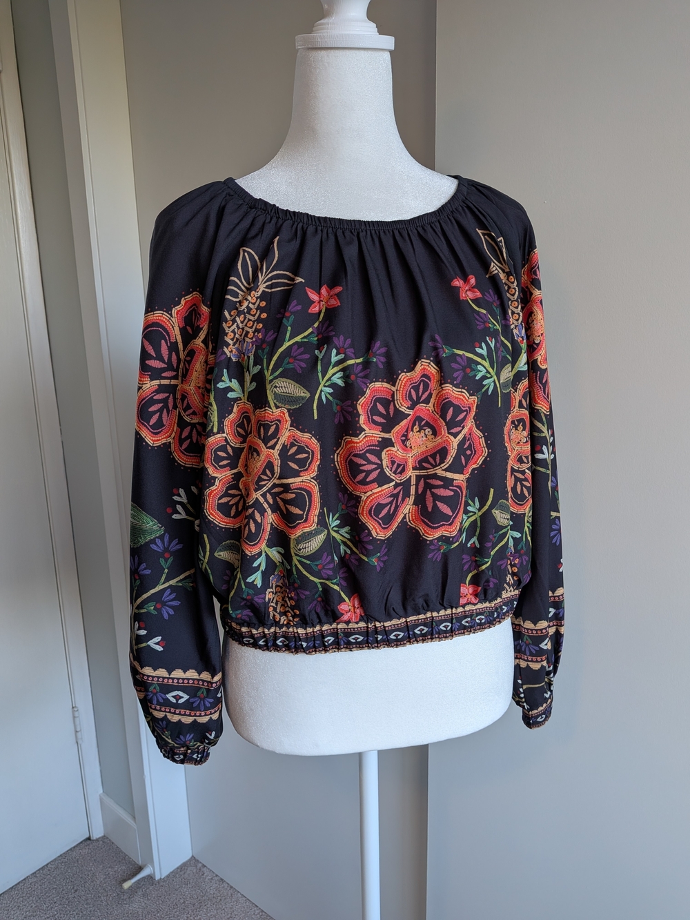 XL Black Floral Printed Blouse - Women Tops - Polyester, Thin & Light